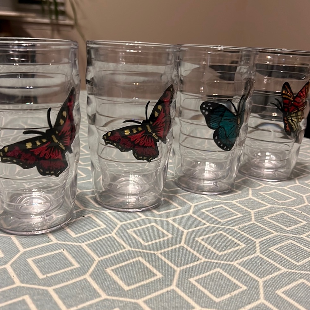Set of four short Tervis butterfly tumblers